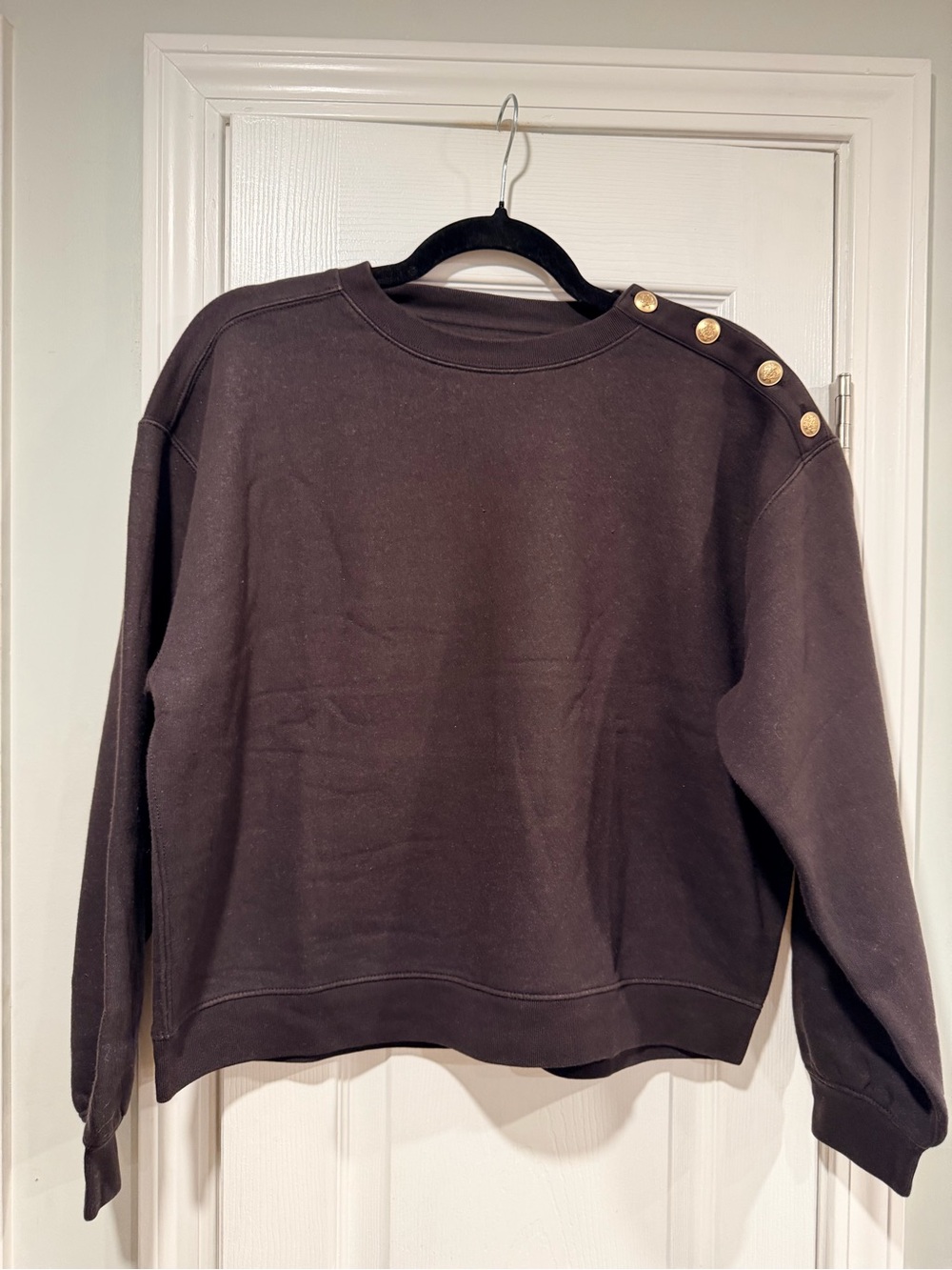 NWOT J.Crew Size S Black Gray Gold Button Shoulder Sweatshirt Crewneck Pullover